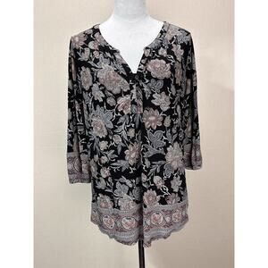 Lucky Brand Top Blouse 1X Black White Gray Floral Pullover Peasant Casual